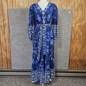 Celina Moon Floral Maxi Dress Long Sleeve Boho Size Small Blue Printed NWT